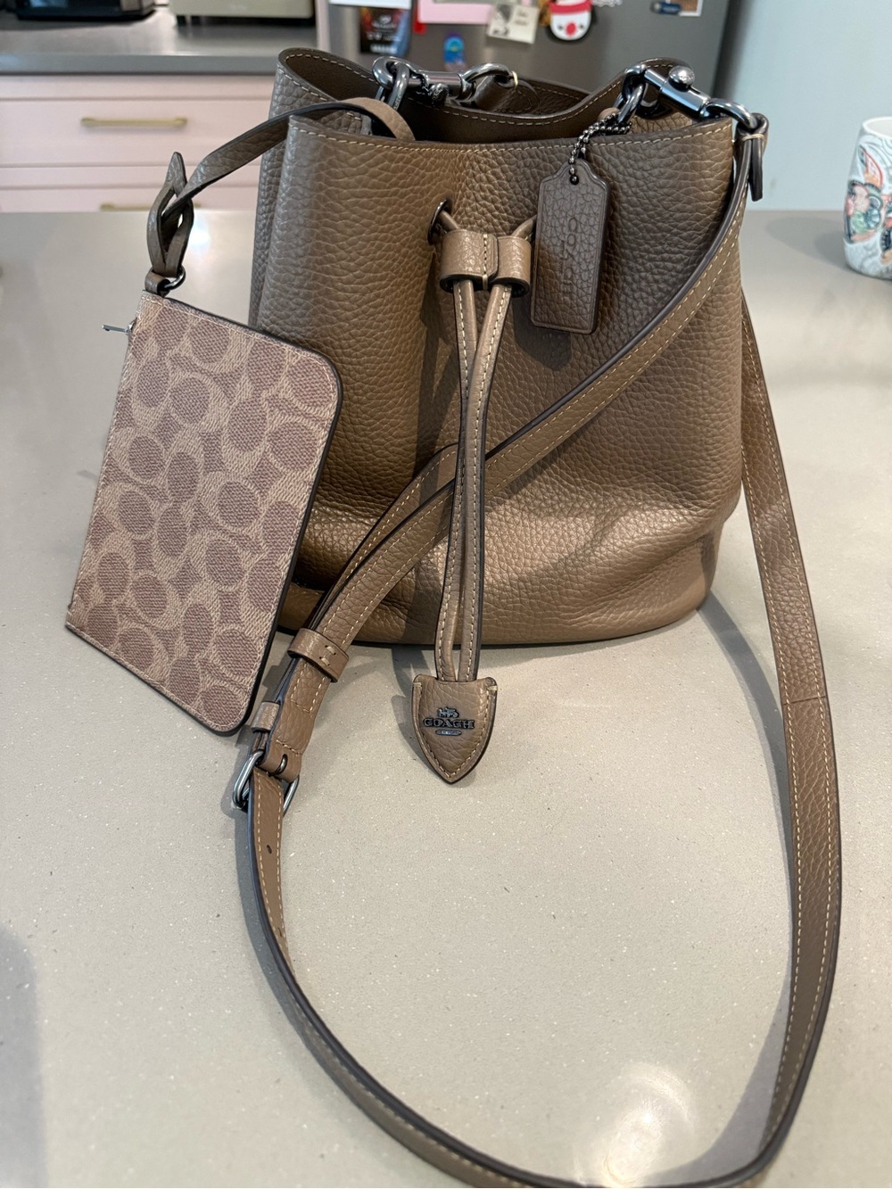 Coach Pebble Leather Drawstring Bucket Bag in Taupe